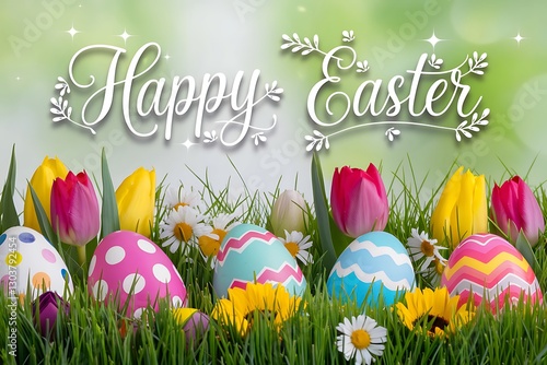 Happy Easter Greeting with Colorful Eggs and Flowers in Grass