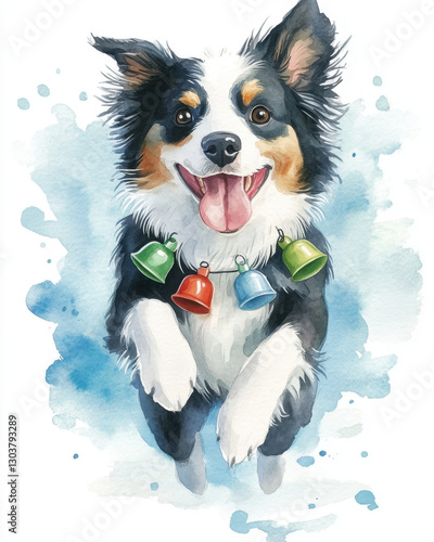 Energetic Border Collie wearing colorful Christmas bells, joyful expression, watercolor style photo
