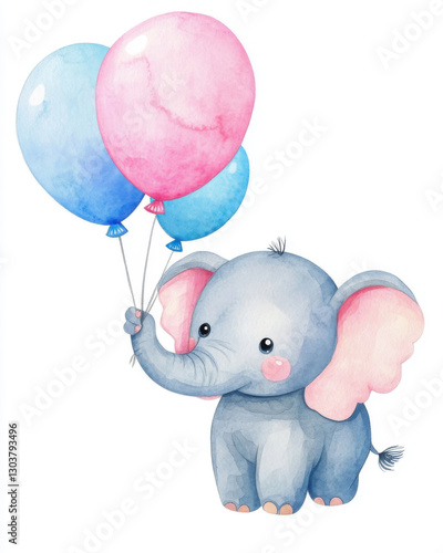 Cute baby elephant holding pastel balloons in joyful scene