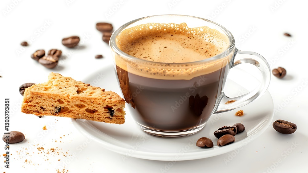 A steaming cup of espresso with a biscotti on a clean white background A steaming cup of espresso with a biscotti on a clean white background