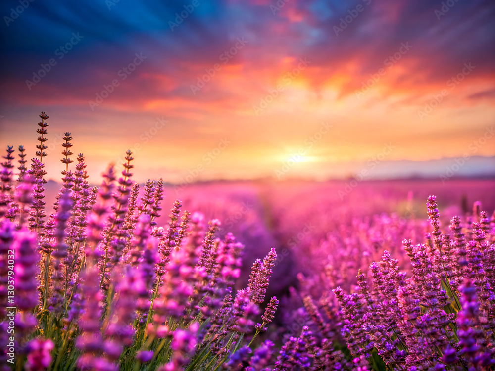 Naklejka premium lavender field at sunset. field, flower, landscape, lavender, summer, nature, sky, purple, flowers, meadow, spring, plant, green, sunset, grass, blue, countryside, france, beautiful, rural, sun, prove