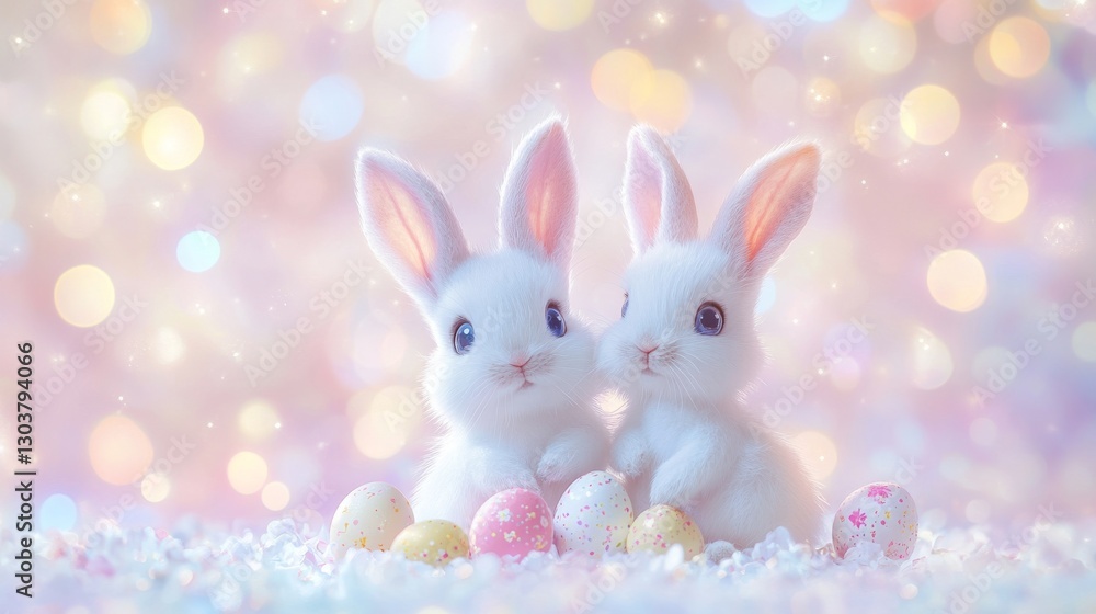 Two adorable bunnies sitting on a pastel background with colorful easter eggs and spring flowers, festive springtime scene with soft bokeh light.
Two adorable bunnies sitting on a pastel background with colorful easter eggs and spring flowers, festive springtime scene with soft bokeh light.