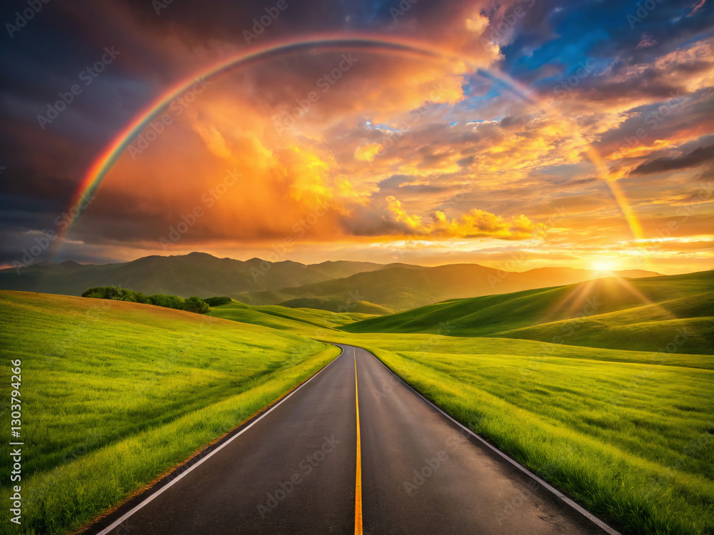 Obraz premium sunset over the field. road, sky, highway, landscape, travel, nature, asphalt, field, horizon, sunset, rainbow, sun, grass, cloud, rural, clouds, way, summer, sunrise, journey, country, green, street,