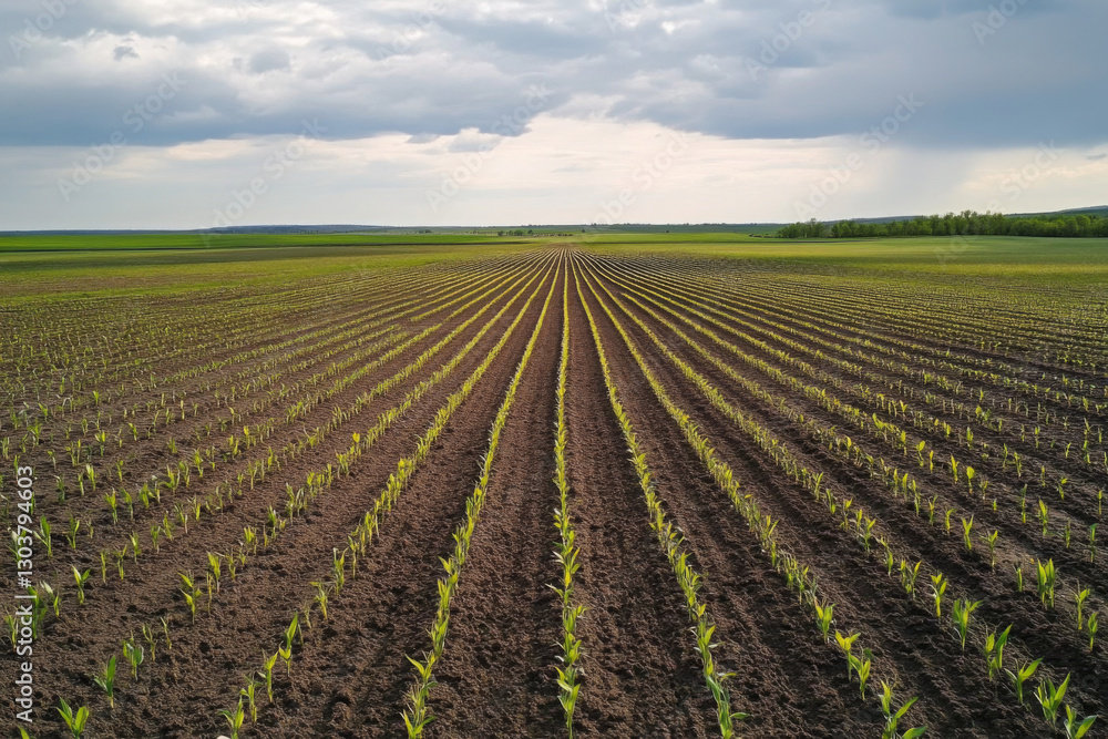 Wavy rows of young green corn plants in vast agricultural fields. Farming background
Wavy rows of young green corn plants in vast agricultural fields. Farming background