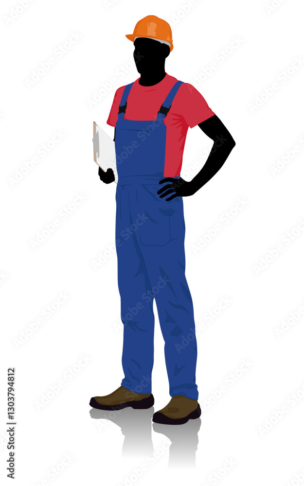 Silhouette of a construction worker standing with one hand on hip and holding a clipboard. Black isolated outline of a professional builder or engineer wearing a cap Silhouette of a construction worker standing with one hand on hip and holding a clipboard. Black isolated outline of a professional builder or engineer wearing a cap
