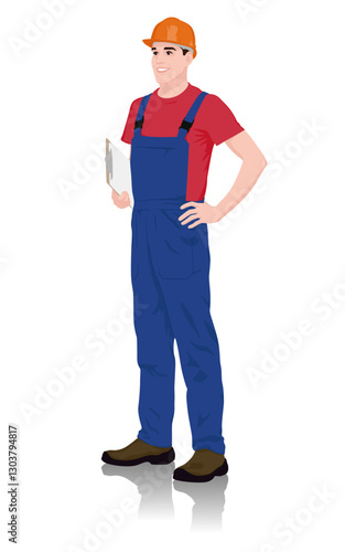 Smiling construction worker in blue overalls wearing safety helmet holding a clipboard. Professional builder standing confidently with hand on hip. Vector flat style illustration isolated on white