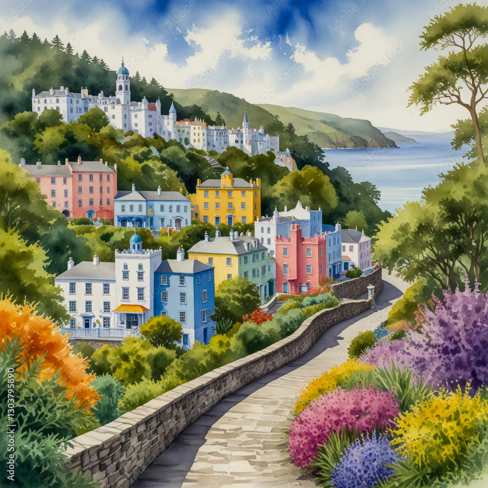Fototapeta premium watercolor of Portmeirion Village, with its colorful Italianate buildings nestled in the hills of Gwynedd