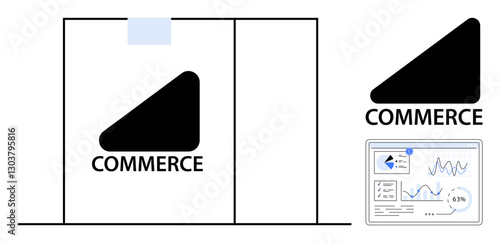 Black geometric logo with Commerce text above a marketing analytics dashboard displaying charts and data. Ideal for business, branding, marketing, analysis, commerce, presentations, flat simple