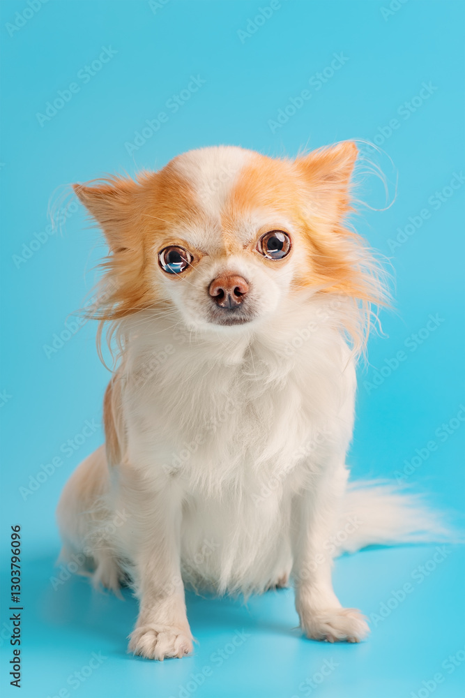 Chihuahua dog white with red color on a blue background. Pet, small breed dog studio photo. Chihuahua dog white with red color on a blue background. Pet, small breed dog studio photo.