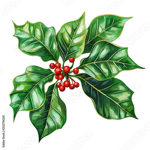 Christmas holly leaves with berries, showcasing vibrant green foliage and bright red accents, perfect for festive decorations The leaves are isolated on white background