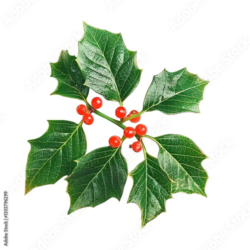 Christmas holly leaves with berries, showcasing vibrant green foliage and bright red accents, perfect for festive decorations The leaves are isolated on white background