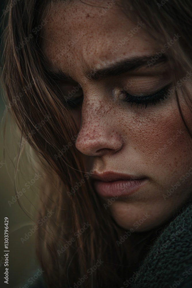 Close-up of sad expression, detailed face, muted background Close-up of sad expression, detailed face, muted background