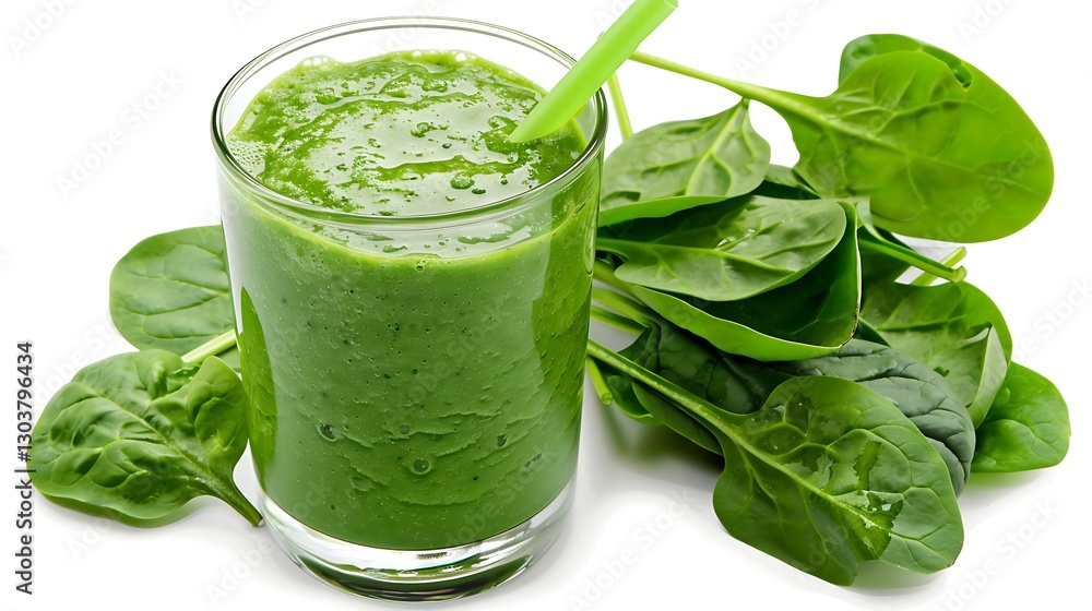 A vibrant green smoothie in a glass with a straw and fresh spinach leaves on a clean white background A vibrant green smoothie in a glass with a straw and fresh spinach leaves on a clean white background