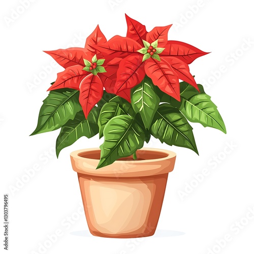 Christmas poinsettia in a pot, showcasing vibrant red petals and green leaves, isolated on white background