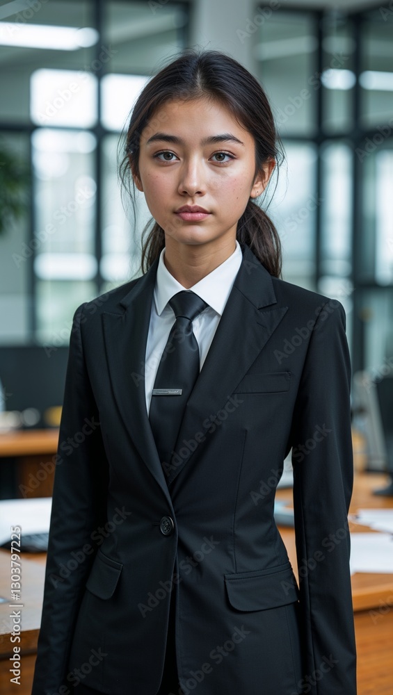 Asian teen woman in black formal suit whole body portrait in office background Asian teen woman in black formal suit whole body portrait in office background