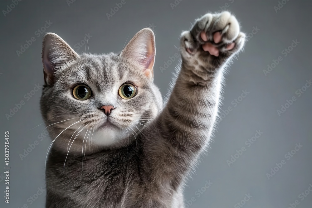 Adorable gray cat with raised paw looking curiously at the camera in soft natural light Adorable gray cat with raised paw looking curiously at the camera in soft natural light