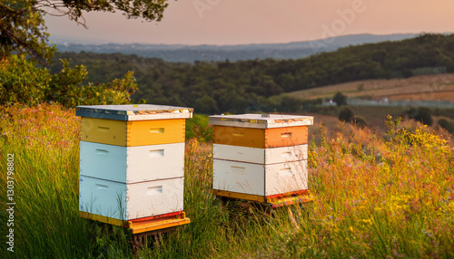 Two colorful beehives stand in a sunlit meadow surrounded by wildflowers and rolling hills.