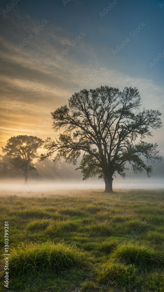 Obraz premium Thick morning fog over grassy plains