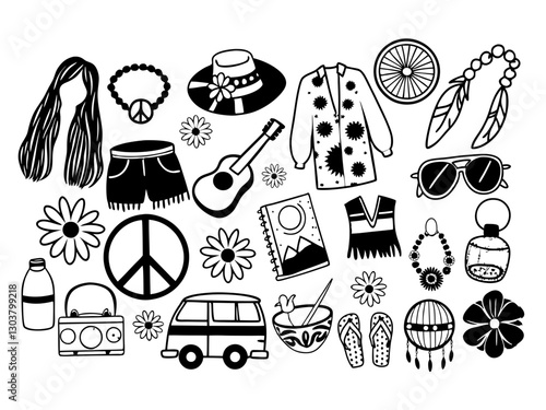 Hippie Groovy Peace 70s 80s Van Doodle Flower Power DIY Gift Clipart Shape