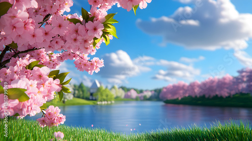A Serene Riverbank Scene Featuring Lush Greenery and Vibrant Cherry Blossom Trees in Full Bloom Reflecting on Tranquil Waters