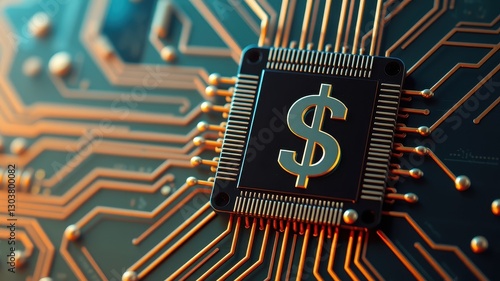Circuit Board with Dollar Sign Symbol Representing Financial Technology