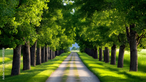 A tranquil dirt path meandering through a serene forest, flanked by towering trees that create a peaceful, shaded canopy, inviting a sense of calm and exploration.