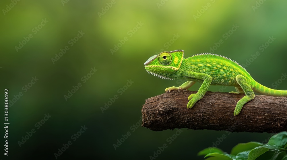 Vibrant Green Chameleon Perched on Branch in Lush Natural Habitat with Soft Focus Background Vibrant Green Chameleon Perched on Branch in Lush Natural Habitat with Soft Focus Background