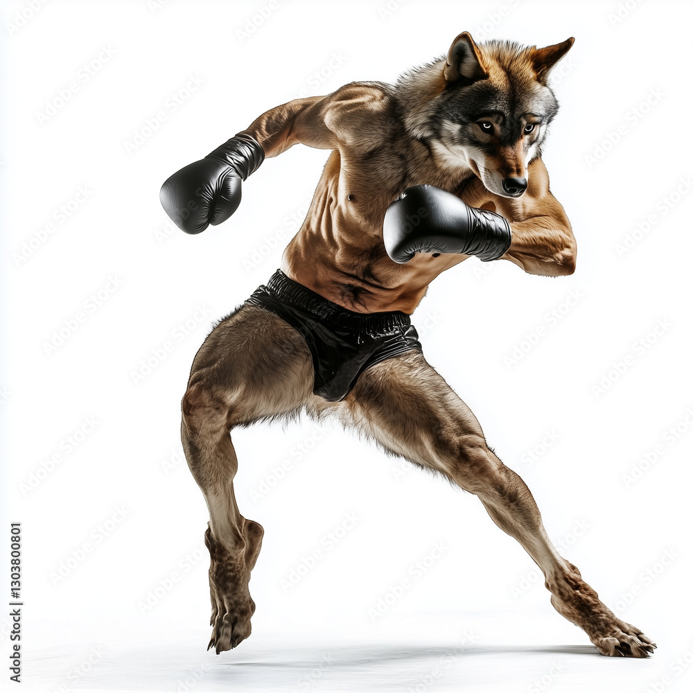 Wolf plays kick boxing isolated on white background Generative ai Wolf plays kick boxing isolated on white background Generative ai