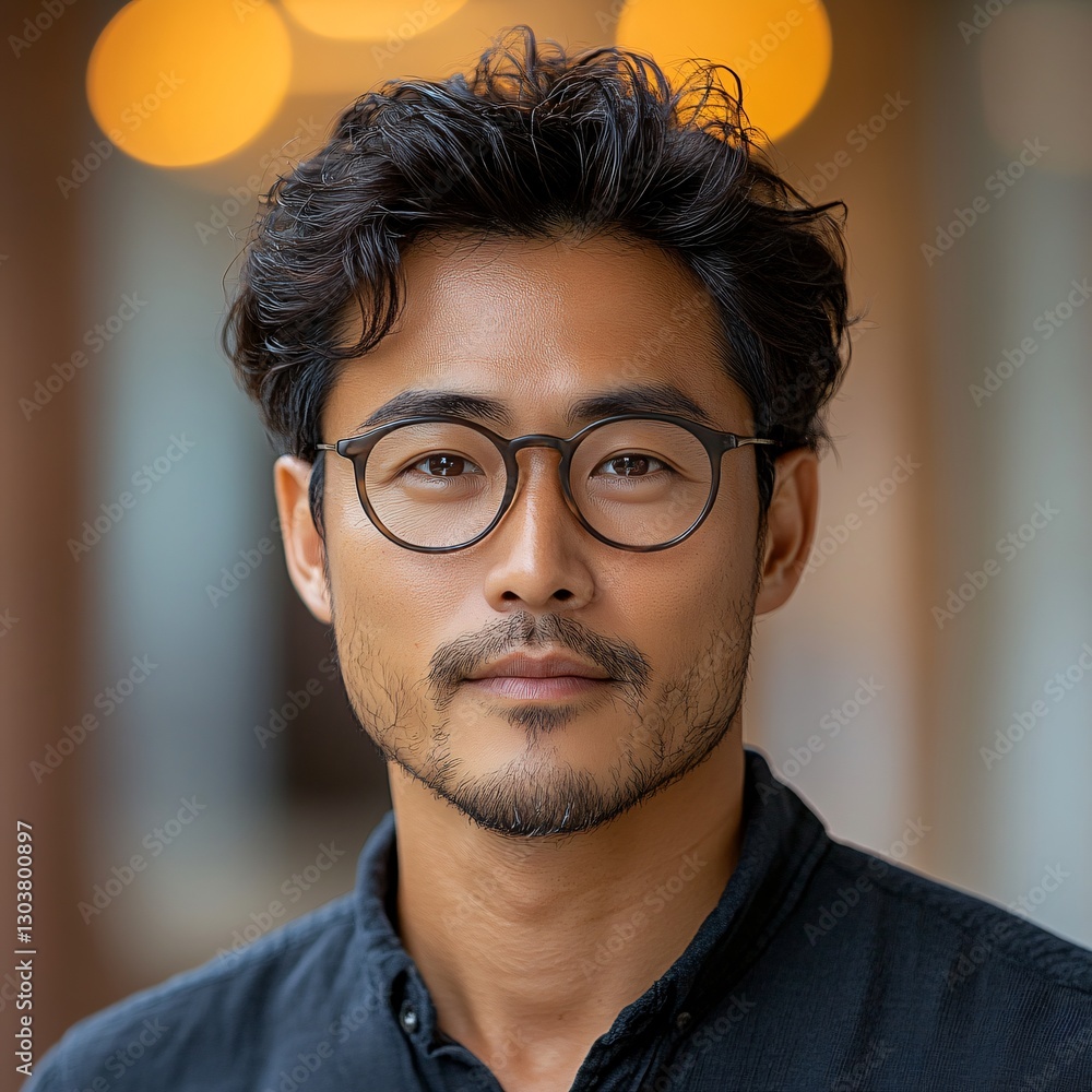 Stylish young man with glasses posing confidently in a modern urban environment with soft bokeh lights Stylish young man with glasses posing confidently in a modern urban environment with soft bokeh lights