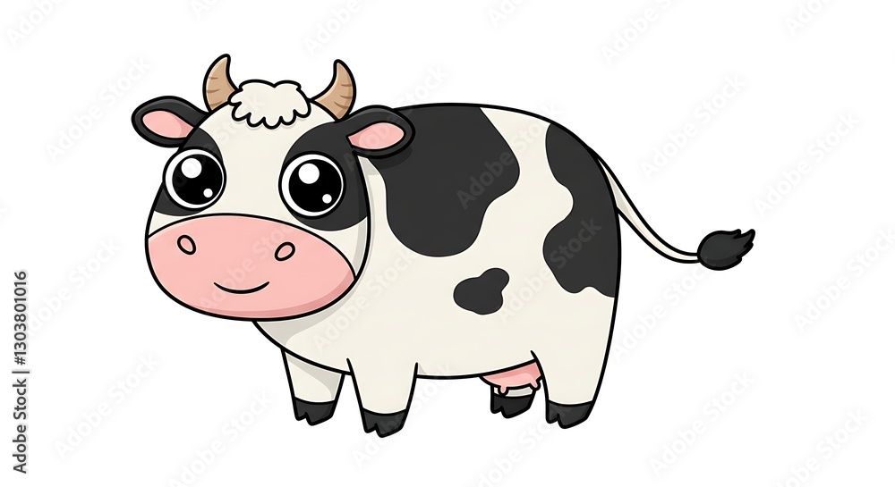 Fototapeta premium Cartoon Cow Standing with Black Spots Isolated on White Background