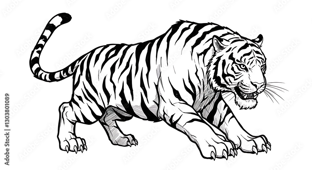 Obraz premium Tiger Illustration Prowling with Black Stripes and White Background Art