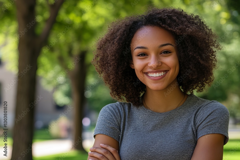 Fototapeta premium Happy Young African American Woman Smiling Outdoors Portrait Beautiful Natural Light Summer Day Cheerful Expression Positive Energy Friendly Youthful 