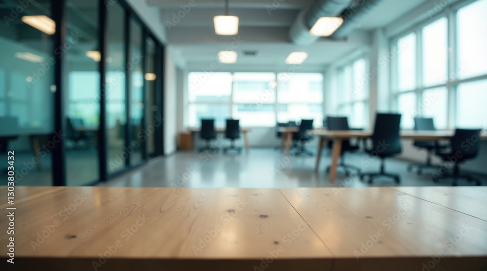 BLURRED BACKGROUND Empty Office Space With Long Table And Chairs In Modern Commercial Building, Bright Lighting, Ceiling Panels, Spacious Meeting Room, Contemporary Office Interior BLURRED BACKGROUND Empty Office Space With Long Table And Chairs In Modern Commercial Building, Bright Lighting, Ceiling Panels, Spacious Meeting Room, Contemporary Office Interior