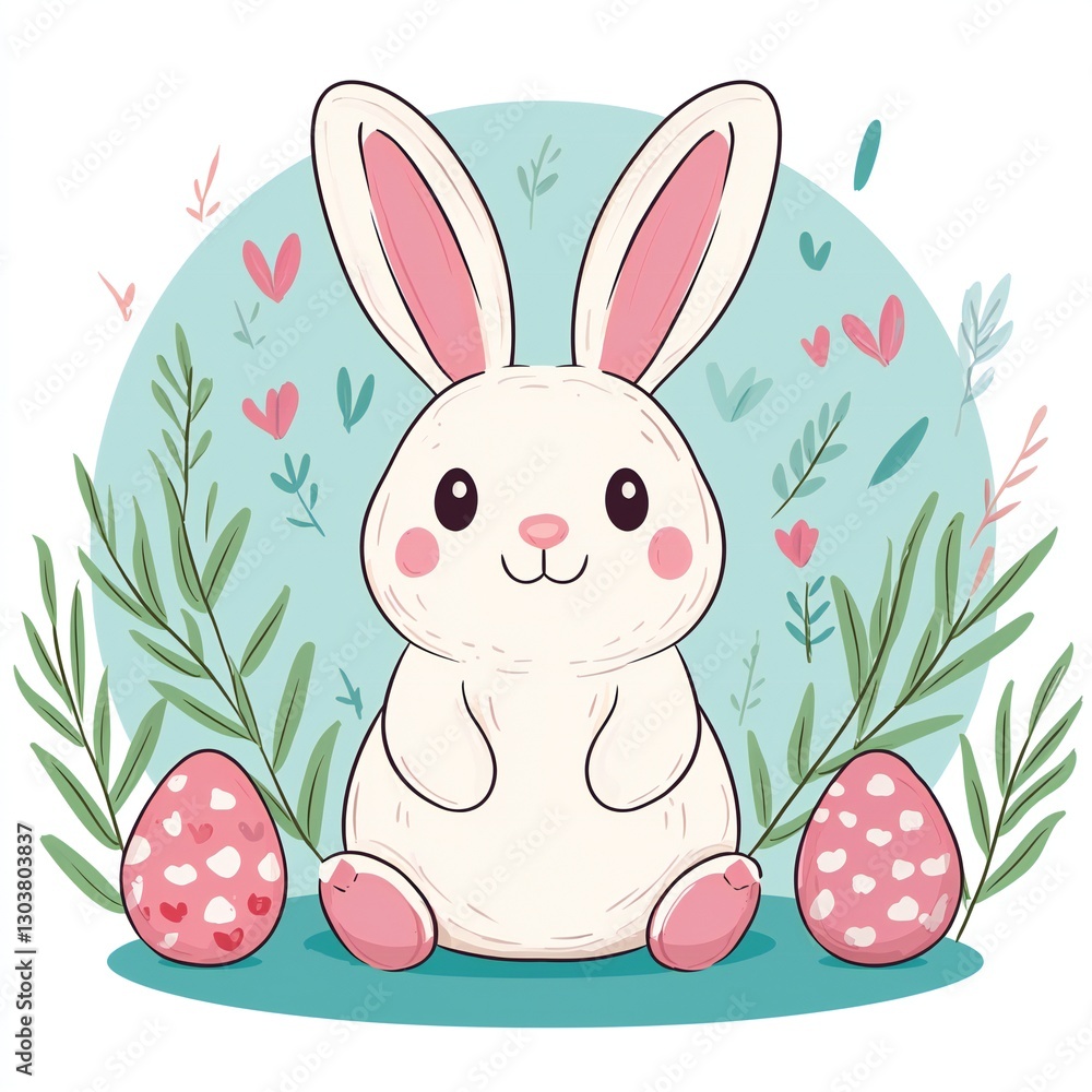 Obraz premium Easter Holiday, Easter Concept, Adorable Easter Bunny with Pink Eggs and Spring Flowers Illustration