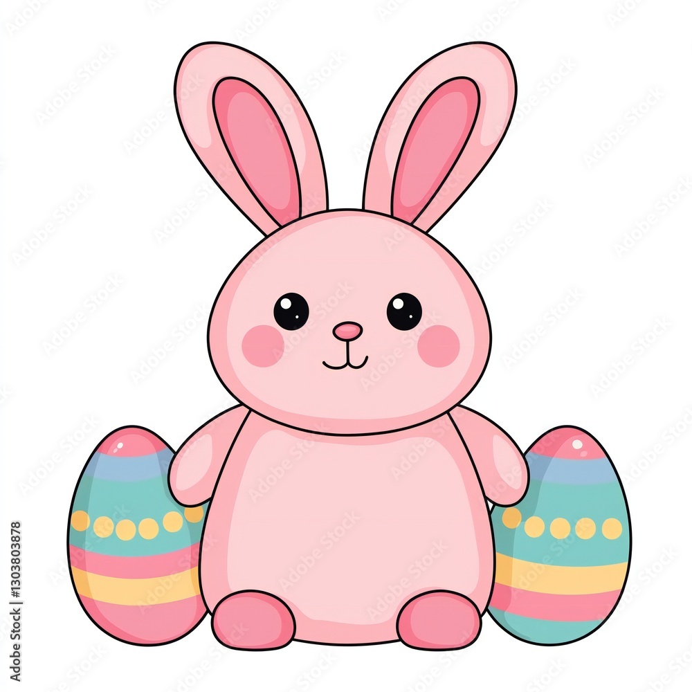Easter Holiday, Easter Concept, Adorable Pink Easter Bunny Holding Colorful Eggs Spring Holiday Illustration Easter Holiday, Easter Concept, Adorable Pink Easter Bunny Holding Colorful Eggs Spring Holiday Illustration
