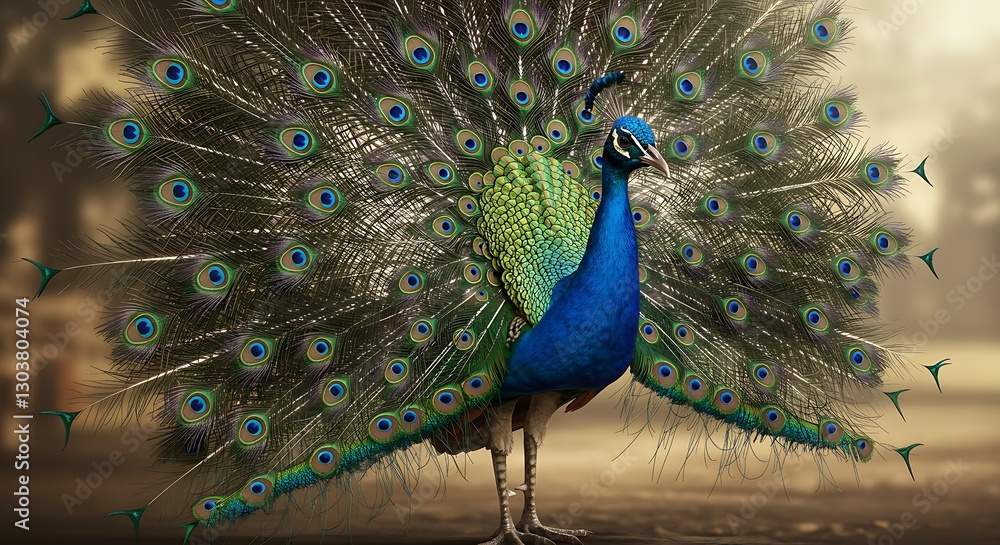 Obraz premium Peacock Displaying Iridescent Plumage with Its Tail Feathers Fanned Beautifully