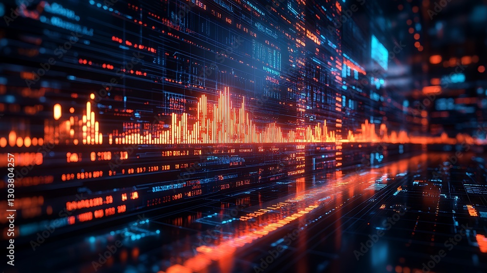 Futuristic digital trading floor concept with abstract elements and fluctuating visuals. Futuristic digital trading floor concept with abstract elements and fluctuating visuals.