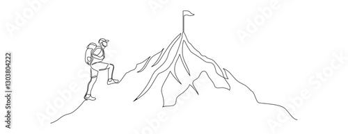 Man climbs the mountains in one continuous line drawing. Traveler with backpack is hiking in simple linear style. Leadership development Editable stroke. Doodle vector illustration