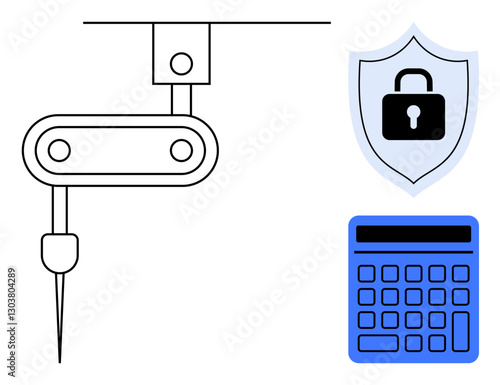 Industrial robotic arm mechanism with a pointed tool, shield with padlock symbol for security, and a blue calculator. Ideal for automation, precision, technology, security, finance, innovation
