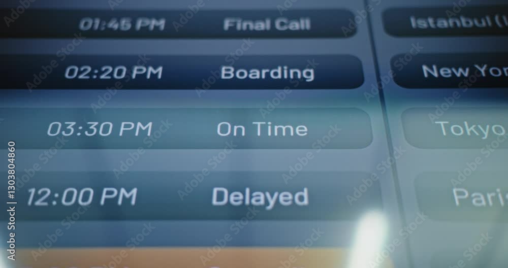 International Airport Terminal: Arrival and Departure Information Screen. Flight Data Board For Passengers Showing Time and Status of Flights. Timetable of Airplanes Schedule for Travelers. Close Up.