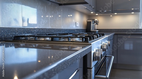 Modern kitchen stovetop, oven, countertop, appliances, cabinetry, window light, grey, interior design