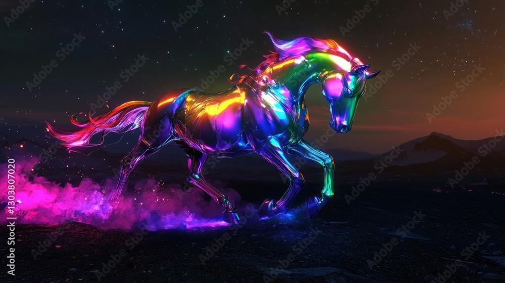 Fototapeta premium Iridescent horse runs, night mountains, colorful smoke, fantasy art