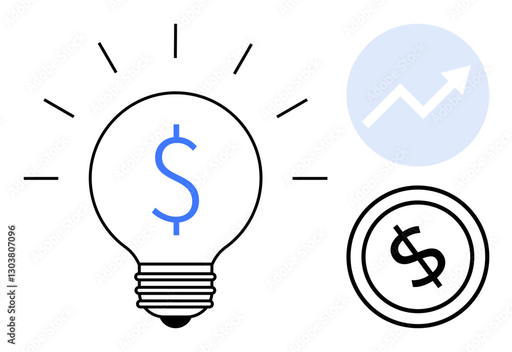 Lightbulb with dollar sign suggesting profitable ideas, upward graph indicating growth, coin representing economic value. Ideal for finance, innovation, investment, money-saving, business planning Lightbulb with dollar sign suggesting profitable ideas, upward graph indicating growth, coin representing economic value. Ideal for finance, innovation, investment, money-saving, business planning