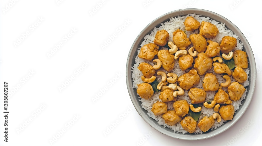 Delicious chicken curry with cashews served on rice home kitchen food photography bright and inviting atmosphere Delicious chicken curry with cashews served on rice home kitchen food photography bright and inviting atmosphere