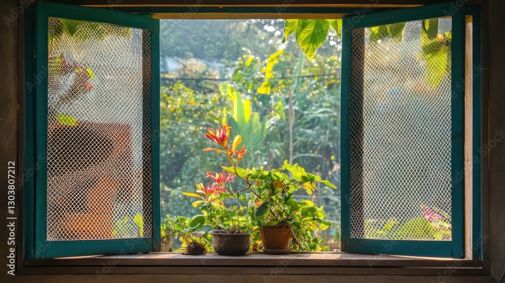 Serene Window View: Plants and Sunlight Serene Window View: Plants and Sunlight