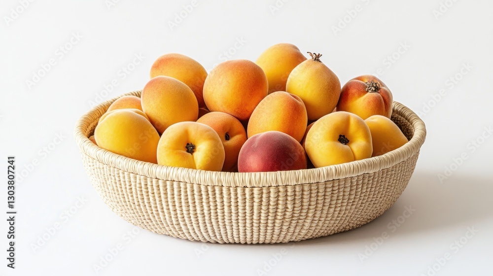 Ripe apricots and peaches in wicker bowl, studio shot, white background, food photography Ripe apricots and peaches in wicker bowl, studio shot, white background, food photography