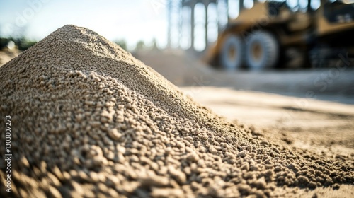 Construction site sand pile, excavator background, sunlight