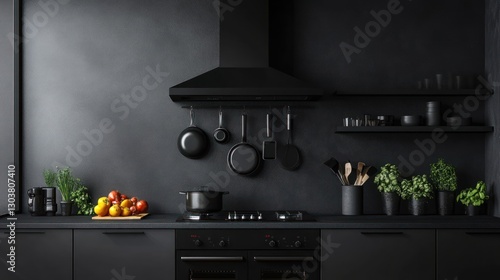 Dark kitchen interior design, cooking utensils, vegetables, minimalist style, home staging