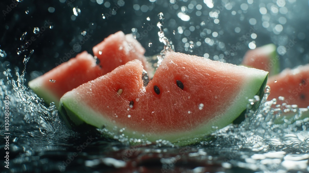 Splashing watermelon slices, dark background, summer refreshment, food photography (3) Splashing watermelon slices, dark background, summer refreshment, food photography (3)
