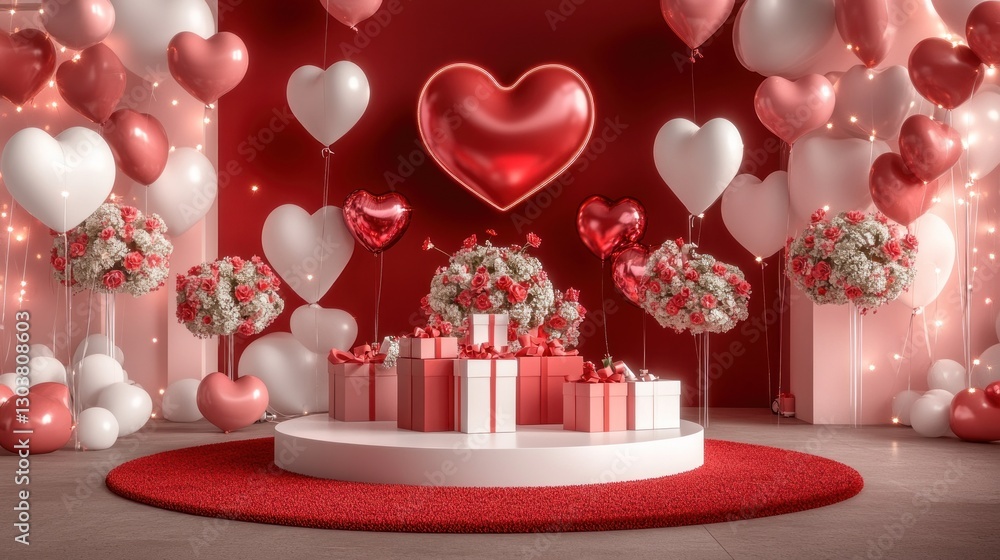 Romantic Valentine's Day gifts display with heart balloons, red background, product presentation Romantic Valentine's Day gifts display with heart balloons, red background, product presentation